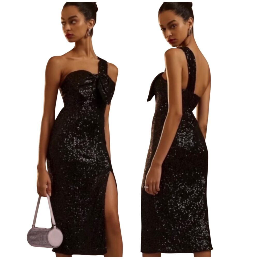 Mac Duggal NWT Black Sequin One Shoulder Bow Accent Midi Dress Size 4 Side Slit